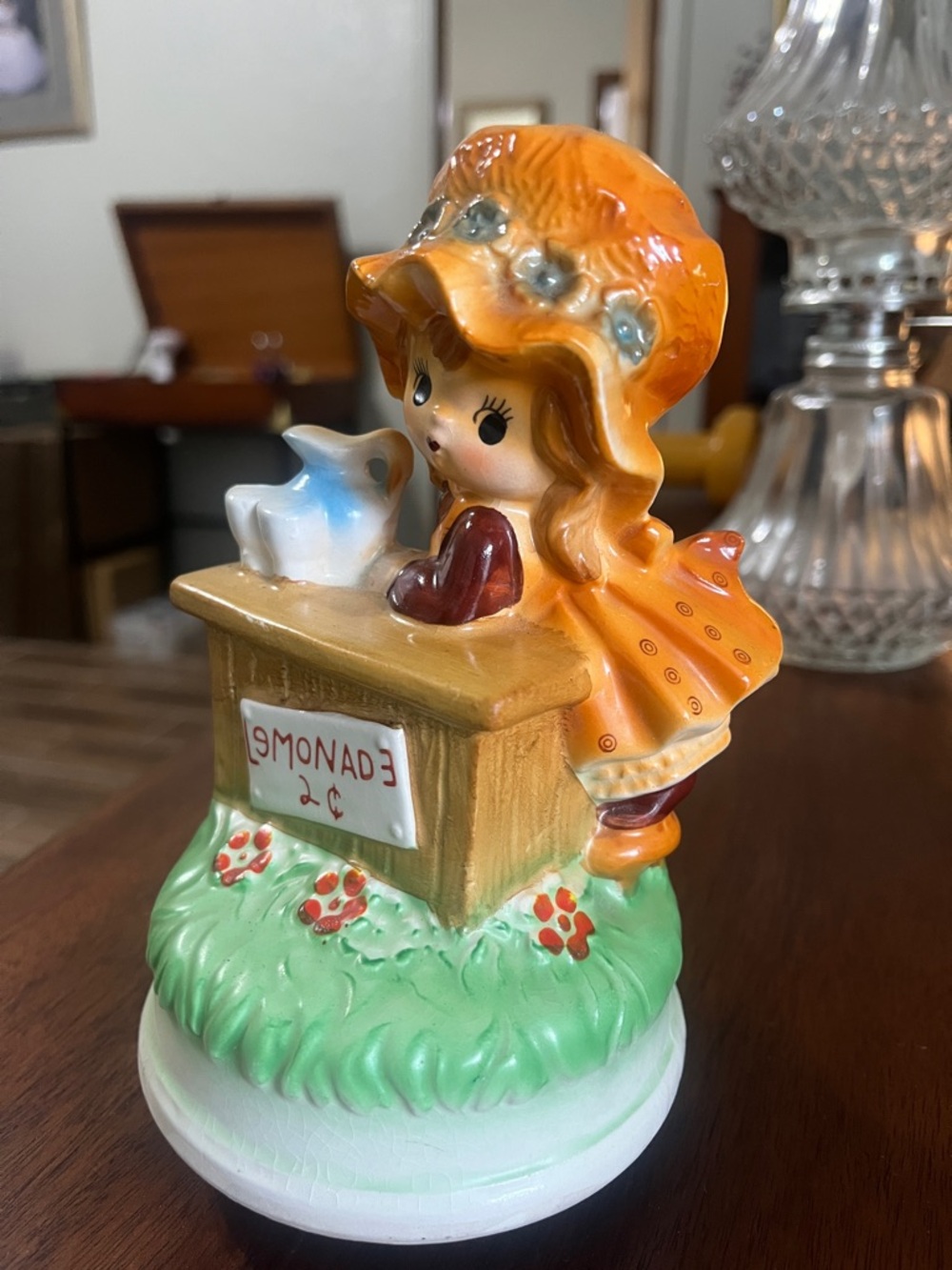Hand-Painted Ceramic Girl Figurine with Orange Bonnet Music 🎶 Box - Picture 6 of 10